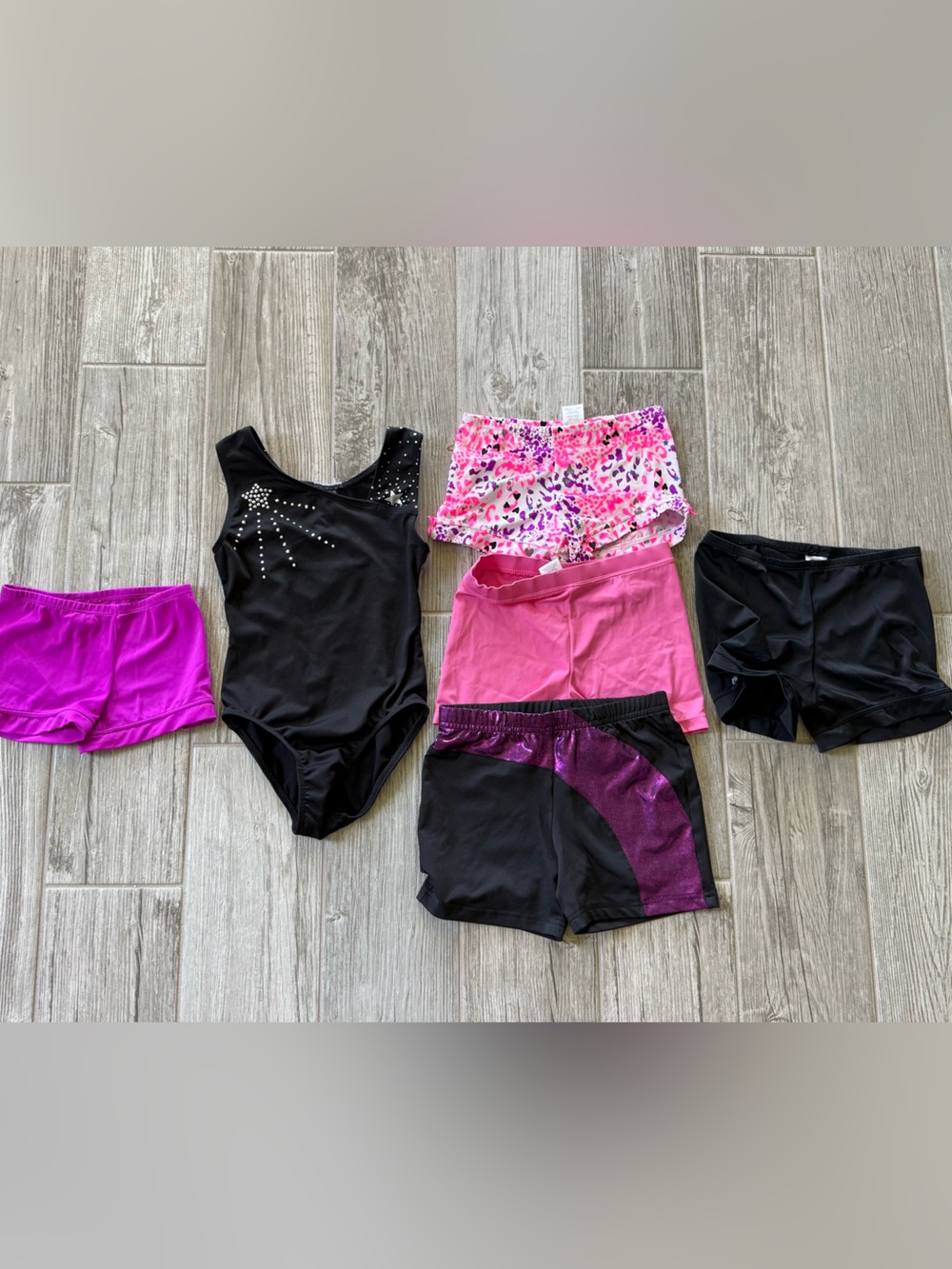 6 piece set - Kids Black Gem-Detail Swim Leotard with playground shorts